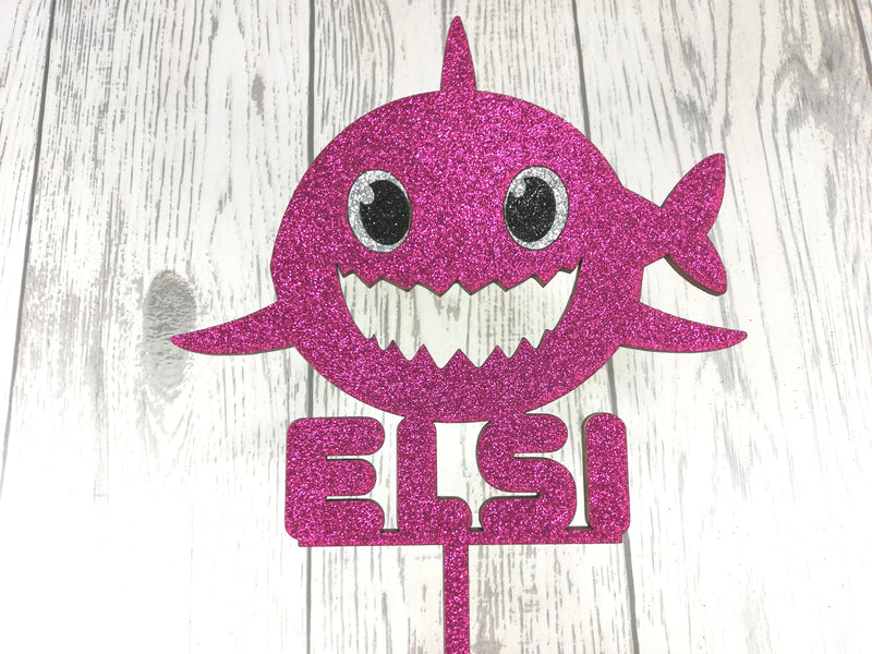 Personalised wooden birthday Glitter Baby Shark cake topper Any name