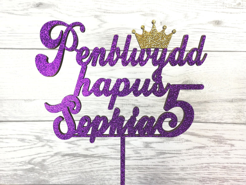 Personalised wooden Glitter birthday Welsh Princess Penblwydd Hapus age cake topper Any name Any Age