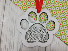 Personalised wooden Welsh Nadolig llawen Paw Pet Christmas bauble glitter colours