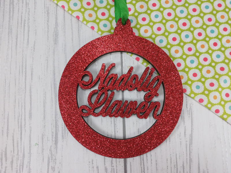 Personalised wooden Welsh Nadolig llawen Christmas bauble glitter colours