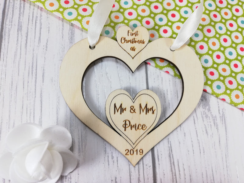 Personalised wooden Heart First Christmas as Mr & Mrs bauble
