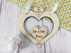 Personalised wooden Heart First Christmas as Mr & Mrs bauble