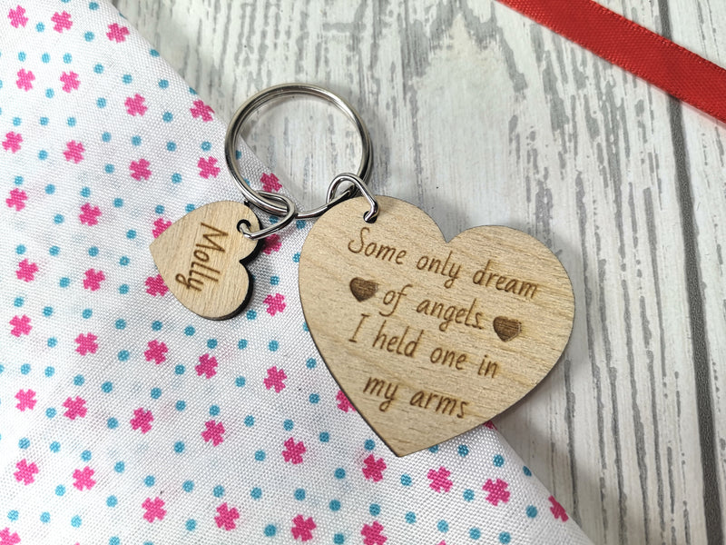 Personalised Wooden Remembrance Heart with name Keyring Some only dream of angels  Key ring