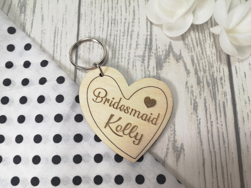Personalised Wooden heart Bridesmaid Key ring Keyring