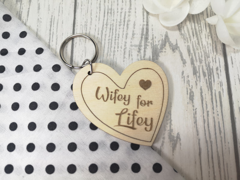 Personalised Wooden heart Wifey for lifey wedding anniversary Key ring Keyring