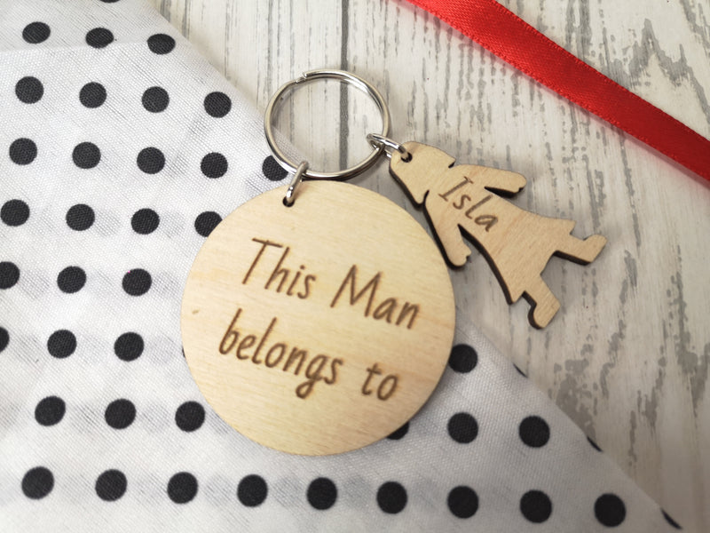 Personalised Wooden circle with boy and girl figures Keyring This Man belongs to.. key rings