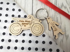 Personalised Wooden motorcross bike with figures Keyring This Man belongs to.. key rings