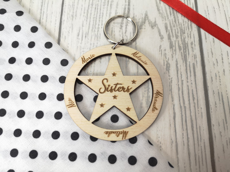Personalised Wooden Star Sisters or Brothers Keyring Any names