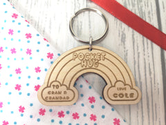 Personalised Wooden Rainbow Pocket Hug or Cwtsh Keyring