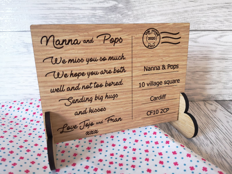 Personalised Engraved oak veneer We miss you Postcard isolation keepsake