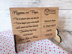 Personalised Engraved oak veneer We miss you Postcard isolation keepsake