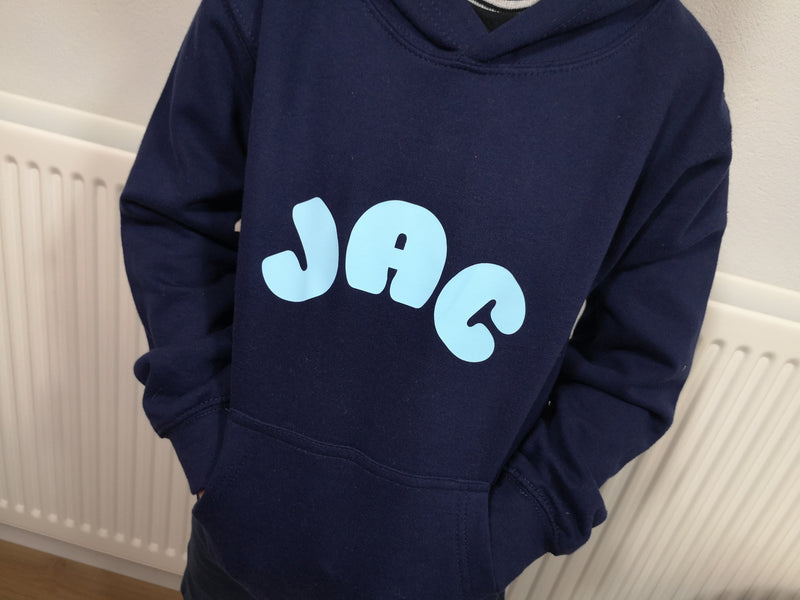Personalised Kids Navy hoodie with name detail for Boys and girls