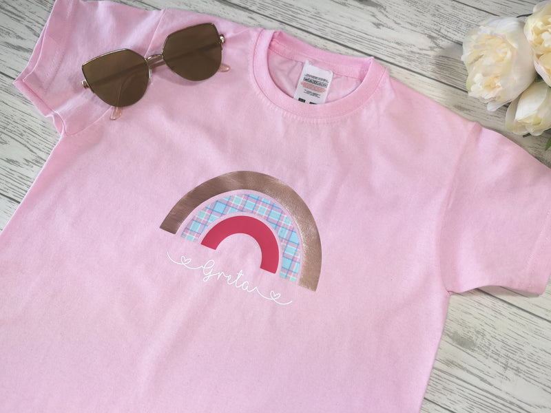 Personalised Rainbow kids baby pink custom t-shirt