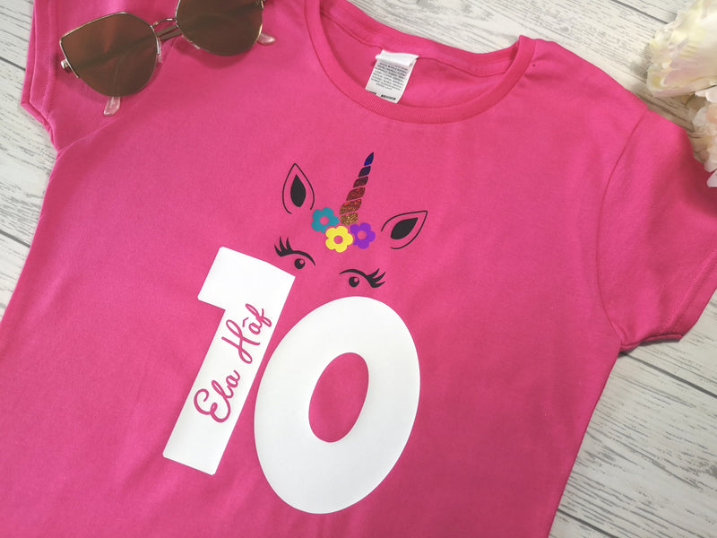 Personalised Kids Birthday Age Hot Pink custom t-shirt with Unicorn detail