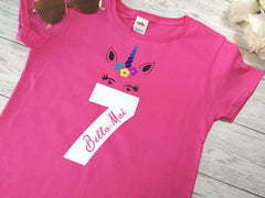Personalised Kids Birthday Age Hot Pink custom t-shirt with Unicorn detail