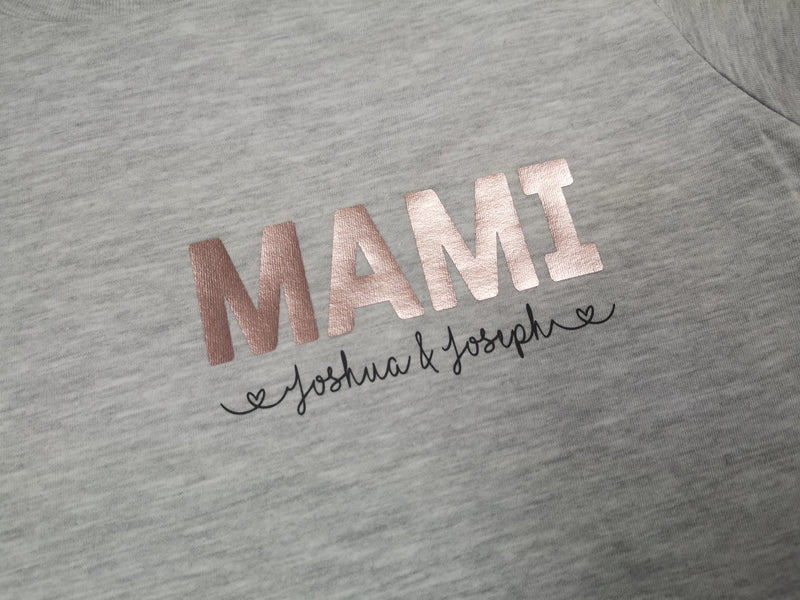 Personalised Women's grey t-shirt with Name and kids names