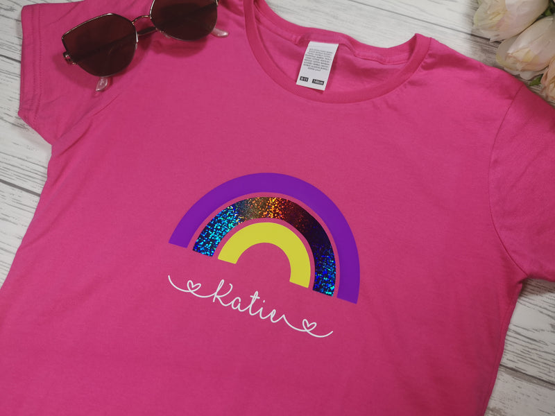 Personalised Rainbow kids Hot pink custom t-shirt