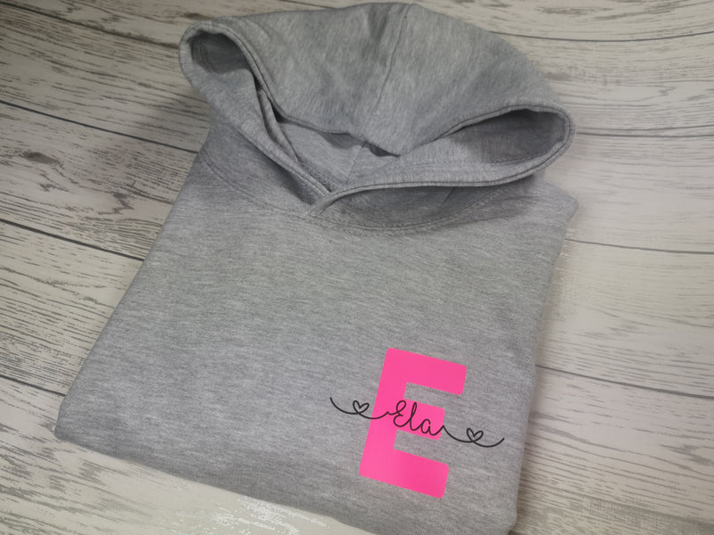 Personalised Kids Grey hoodie with letter and name detail for Boys and girls