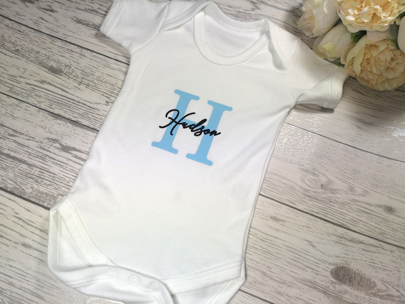 Personalised White Baby vest suit with letter and name detail
