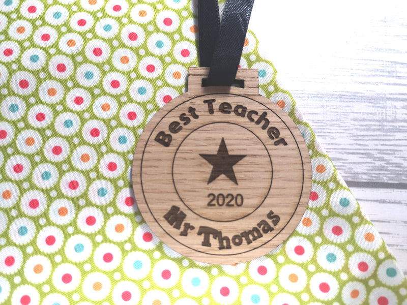 Personalised oak Best teacher medal 2020 gift
