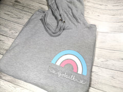 Personalised Womens Grey hoodie with pastels Rainbow and name or phrase detail No pocket