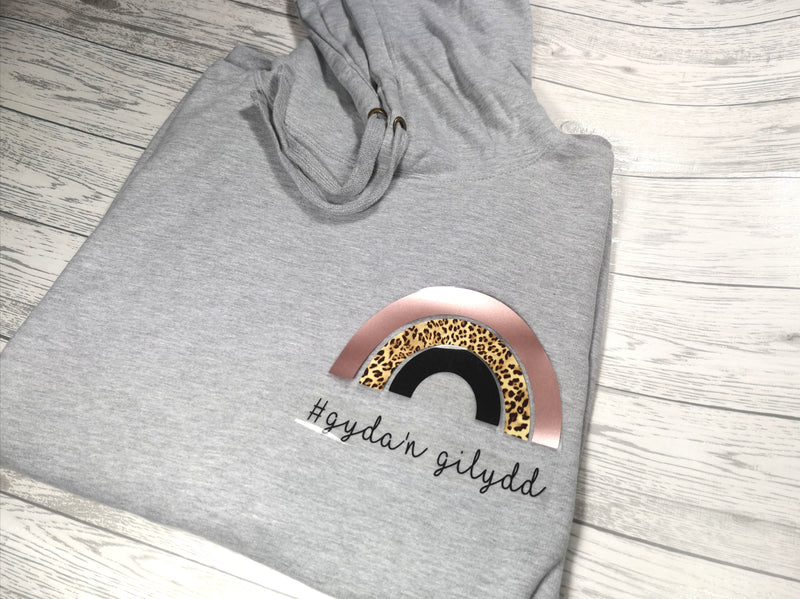 Personalised Womens Grey hoodie with leopard Rainbow and name or phrase detail No pocket