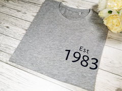 Personalised Women's Grey birth year t-shirt  with choice of colour detail