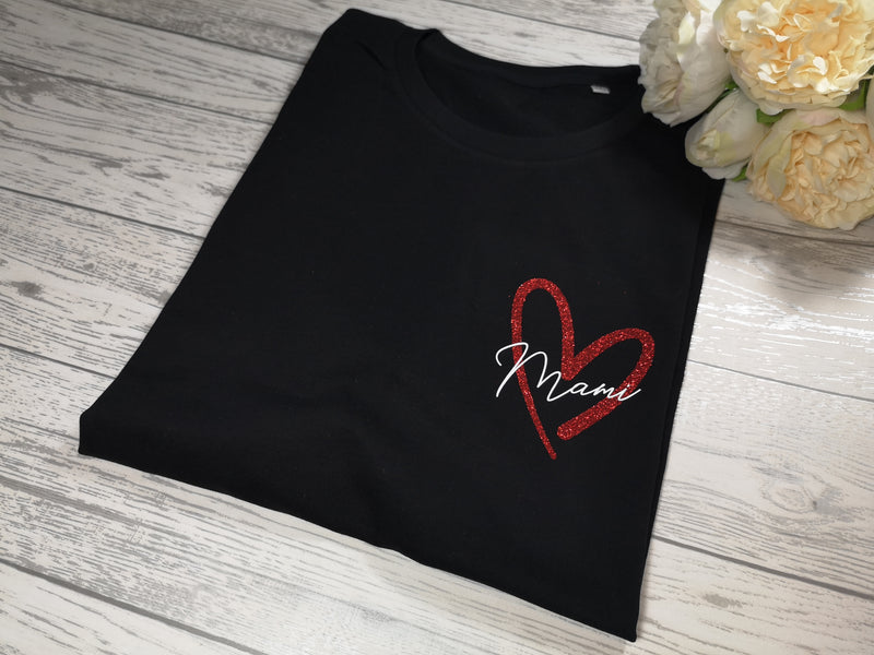 Personalised Women's Black t-shirt with glitter heart and Name