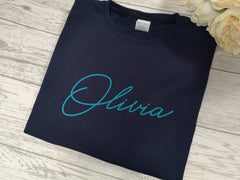 Personalised Kids Birthday Name Navy custom t-shirt with choice of colour detail