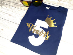 Personalised Kids Birthday Age Navy custom t-shirt with gold crown detail