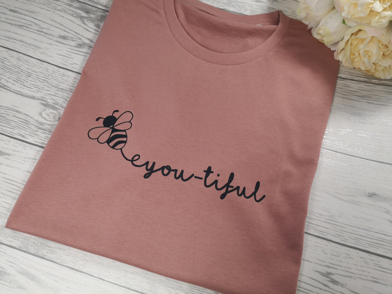 Custom Women's Dusky Pink t-shirt Bee-You-tiful with choice of colour detail