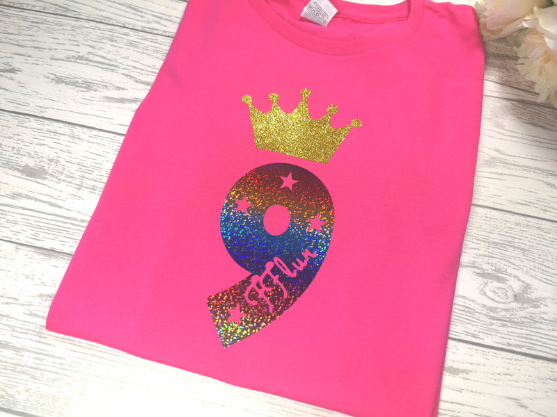 Personalised Kids Birthday Age Hot pink custom t-shirt with Princess crown