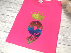 Personalised Kids Birthday Age Hot pink custom t-shirt with Princess crown