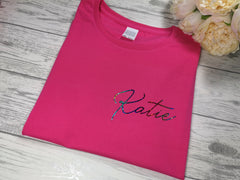 Personalised Kids Birthday Name Hot pink custom t-shirt with choice of colour detail