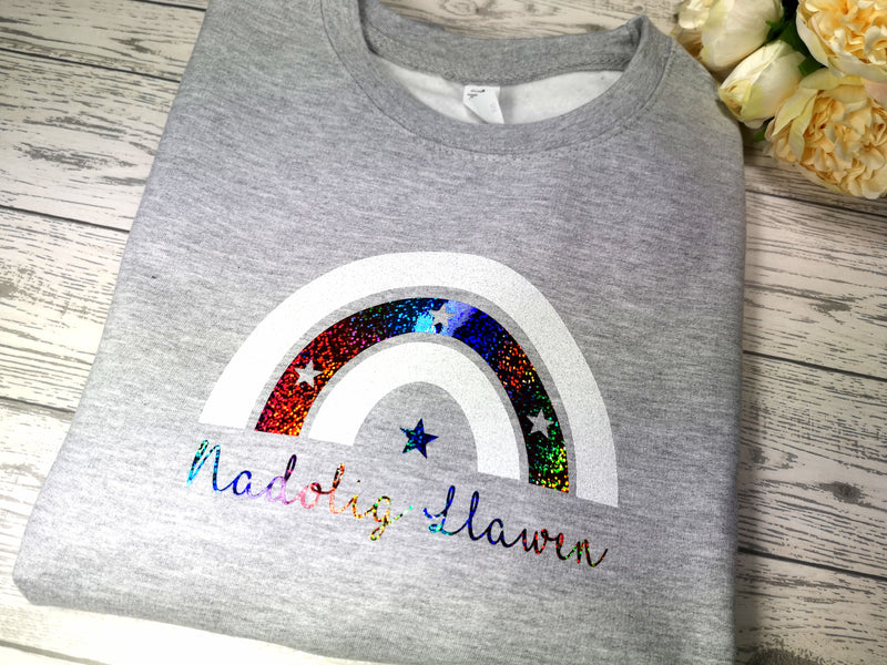 Custom KIDS Welsh GREY Christmas RAINBOW Nadolig Llawen jumper