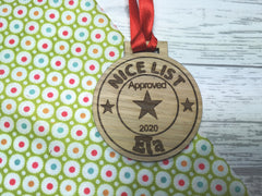 Personalised Christmas Good behaviour Nice list award oak medal gift