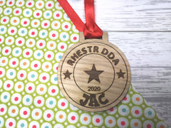 Personalised Welsh Christmas Good behaviour Nice list award oak medal gift