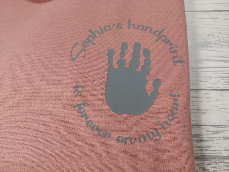 Personalised Womens DUSKY PINK hoodie with Child's handprint detail In choice of colours