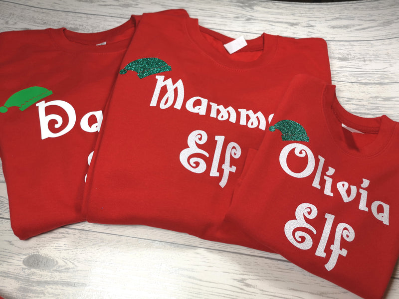 Custom Unisex Family RED Elf Christmas jumper with name detail