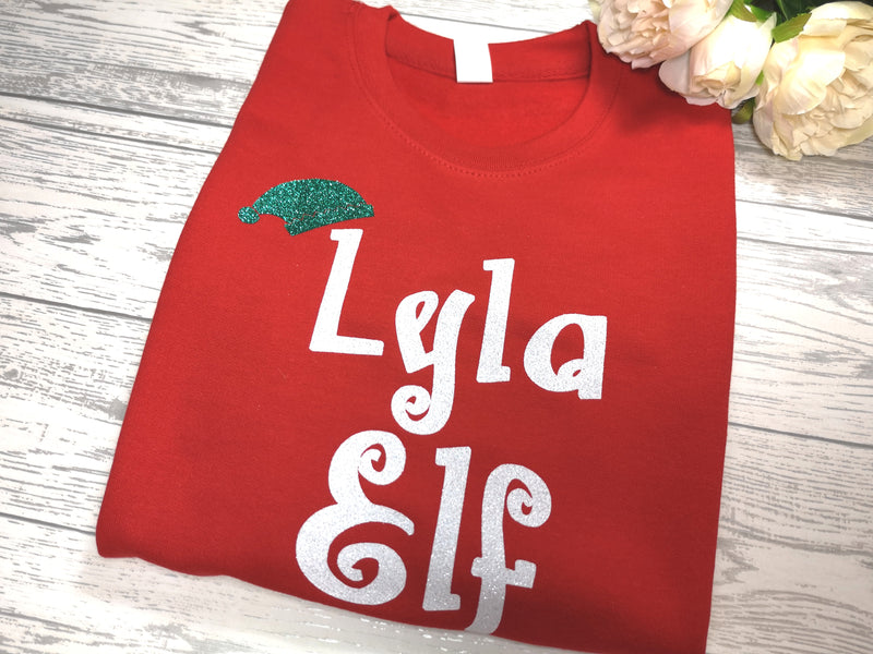 Custom Unisex Family RED Elf Christmas jumper with name detail