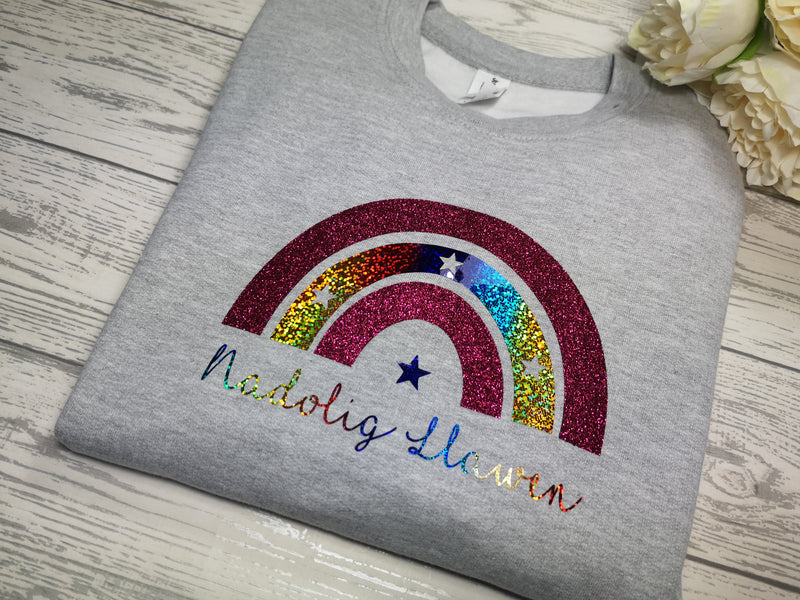 Custom Unisex WELSH GREY Christmas RAINBOW Nadolig Llawen  jumper