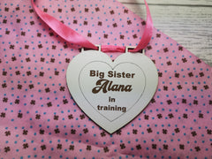 Personalised White HEART MDF new Big sister in training star medal