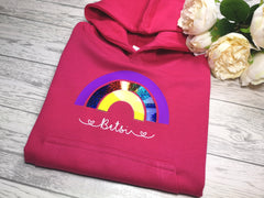 Personalised Kids Pink hoodie with Rainbow detail add a name