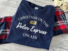 Personalised Family Christmas glitter Polar express Navy and red tartan pyjamas Pjs name detail