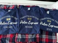 Personalised Family Christmas glitter Polar express Navy and red tartan pyjamas Pjs name detail