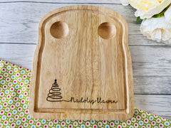 Personalised WELSH Engraved christmas tree line Nadolig llawen Wooden Toast Shaped egg breakfast board