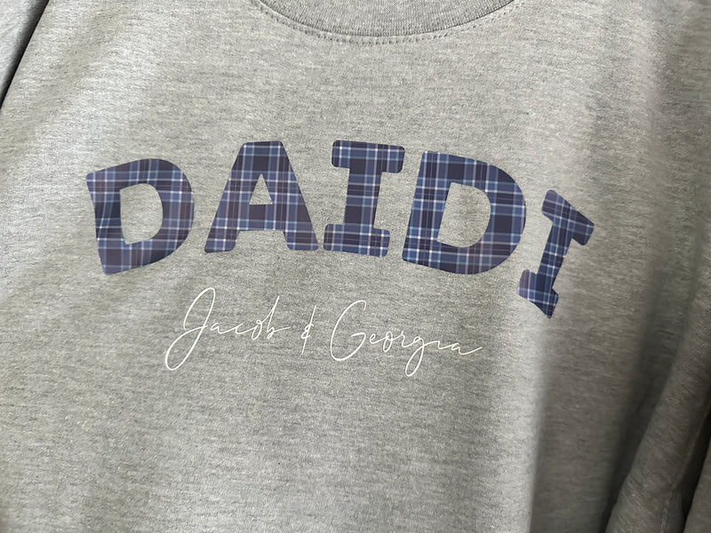 Personalised WELSH Unisex GREY jumper ANY Name in blue tartan detail with kids names Dad Dadcu Dadi