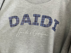 Personalised WELSH Unisex GREY jumper ANY Name in blue tartan detail with kids names Dad Dadcu Dadi