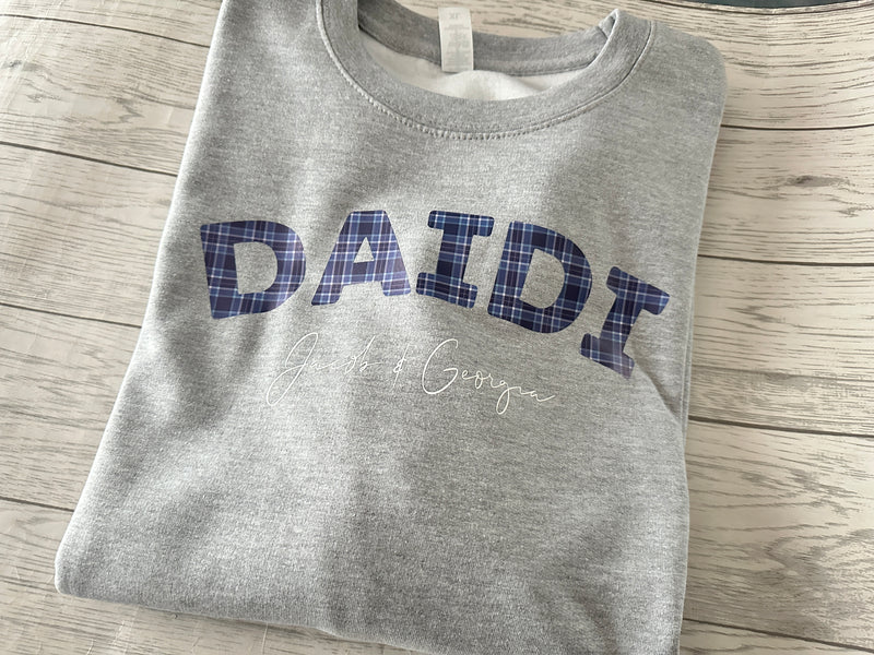 Personalised WELSH Unisex GREY jumper ANY Name in blue tartan detail with kids names Dad Dadcu Dadi