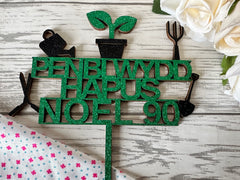 Personalised wooden Glitter birthday Welsh Gardening Penblwydd Hapus age cake topper Any name Any Age
